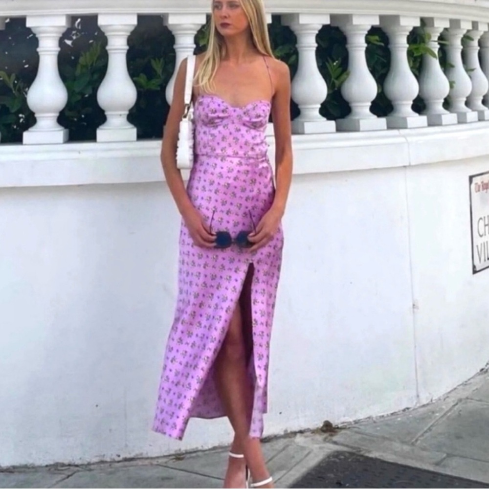 Zara Purple Satin Floral Corset Style Lace-Up Open Back Thigh Slit Maxi Dress - Picture 2 of 7
